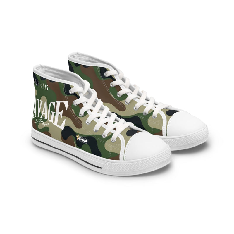 Savage in Prayer Women's High Top Sneakers, Green Camo-KVOM; KVOM Christian Clothing; Women’s Activewear; Workout Gear; Exercise Gear; Exercise Clothing; Duffle Bags; Christian Gym Bags; Women’s T-Shirts; Men’s T-Shirts Sale; Ladies Sports Tops; Ladies Sportswear; Activewear; Men’s Activewear; Gym Clothes; Glorious; Psalms; Blessings On Blessings; Teens Clothing; Exercise Mugs; Exercise Tumbler; Gym Gear; Christian Gym Clothes; Workout Clothing Sale; Mother’s Day Sale; Gifts For Sister; Christian Gifts; Gif