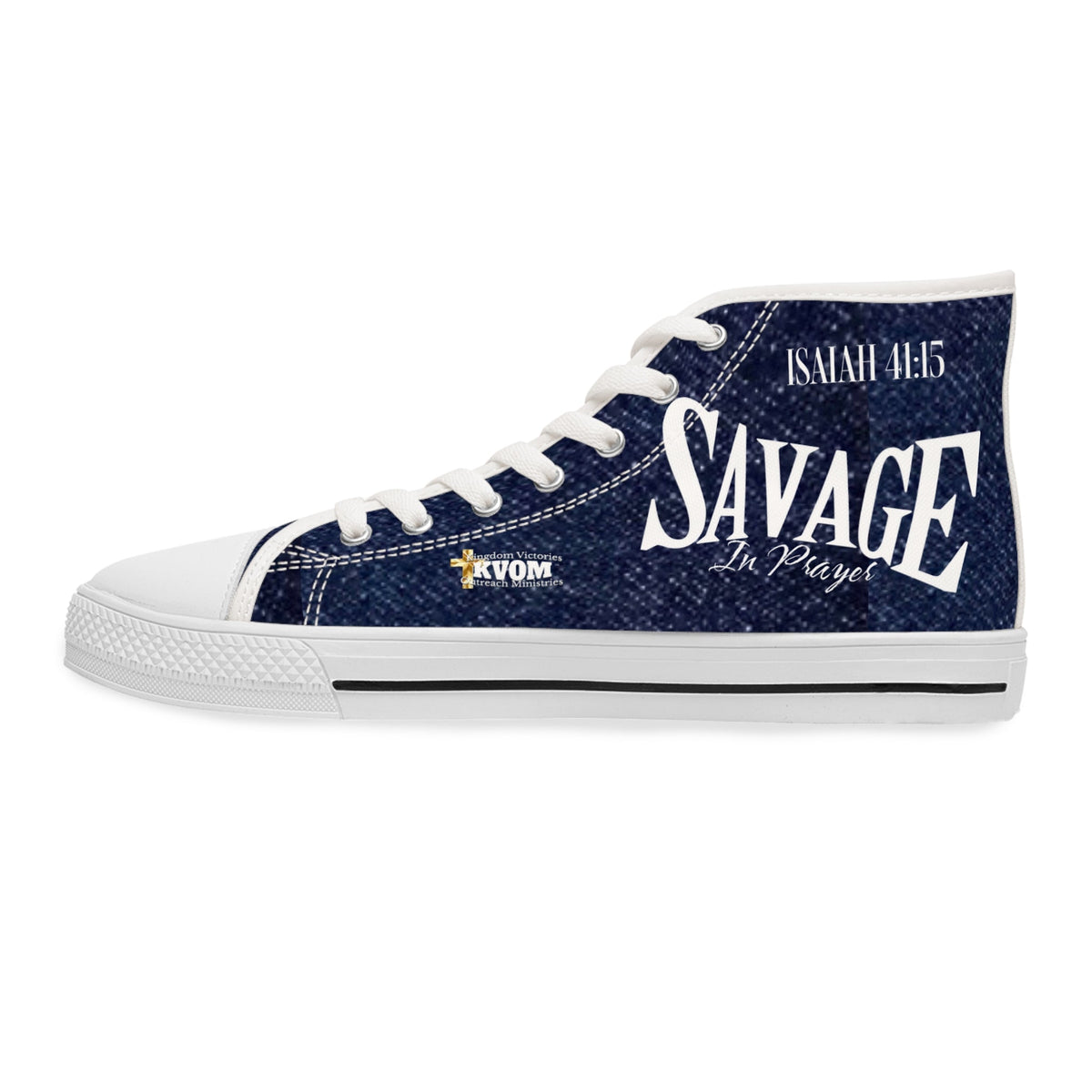 Savage in Prayer Women's High Top Sneakers, Indigo Denim-KVOM; KVOM Christian Clothing; Women’s Activewear; Workout Gear; Exercise Gear; Exercise Clothing; Duffle Bags; Christian Gym Bags; Women’s T-Shirts; Men’s T-Shirts Sale; Ladies Sports Tops; Ladies Sportswear; Activewear; Men’s Activewear; Gym Clothes; Glorious; Psalms; Blessings On Blessings; Teens Clothing; Exercise Mugs; Exercise Tumbler; Gym Gear; Christian Gym Clothes; Workout Clothing Sale; Mother’s Day Sale; Gifts For Sister; Christian Gifts; G