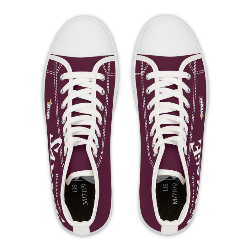 Savage in Prayer Women's High Top Sneakers, Maroon-KVOM; KVOM Christian Clothing; Women’s Activewear; Workout Gear; Exercise Gear; Exercise Clothing; Duffle Bags; Christian Gym Bags; Women’s T-Shirts; Men’s T-Shirts Sale; Ladies Sports Tops; Ladies Sportswear; Activewear; Men’s Activewear; Gym Clothes; Glorious; Psalms; Blessings On Blessings; Teens Clothing; Exercise Mugs; Exercise Tumbler; Gym Gear; Christian Gym Clothes; Workout Clothing Sale; Mother’s Day Sale; Gifts For Sister; Christian Gifts; Gifts f