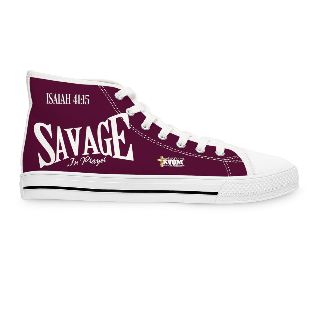 Savage in Prayer Women's High Top Sneakers, Maroon-KVOM; KVOM Christian Clothing; Women’s Activewear; Workout Gear; Exercise Gear; Exercise Clothing; Duffle Bags; Christian Gym Bags; Women’s T-Shirts; Men’s T-Shirts Sale; Ladies Sports Tops; Ladies Sportswear; Activewear; Men’s Activewear; Gym Clothes; Glorious; Psalms; Blessings On Blessings; Teens Clothing; Exercise Mugs; Exercise Tumbler; Gym Gear; Christian Gym Clothes; Workout Clothing Sale; Mother’s Day Sale; Gifts For Sister; Christian Gifts; Gifts f