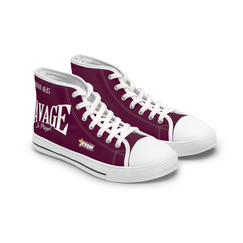 Savage in Prayer Women's High Top Sneakers, Maroon-KVOM; KVOM Christian Clothing; Women’s Activewear; Workout Gear; Exercise Gear; Exercise Clothing; Duffle Bags; Christian Gym Bags; Women’s T-Shirts; Men’s T-Shirts Sale; Ladies Sports Tops; Ladies Sportswear; Activewear; Men’s Activewear; Gym Clothes; Glorious; Psalms; Blessings On Blessings; Teens Clothing; Exercise Mugs; Exercise Tumbler; Gym Gear; Christian Gym Clothes; Workout Clothing Sale; Mother’s Day Sale; Gifts For Sister; Christian Gifts; Gifts f