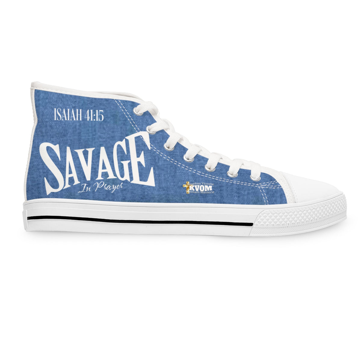 Savage in Prayer Women's High Top Sneakers, Mid Blue Denim-KVOM; KVOM Christian Clothing; Women’s Activewear; Workout Gear; Exercise Gear; Exercise Clothing; Duffle Bags; Christian Gym Bags; Women’s T-Shirts; Men’s T-Shirts Sale; Ladies Sports Tops; Ladies Sportswear; Activewear; Men’s Activewear; Gym Clothes; Glorious; Psalms; Blessings On Blessings; Teens Clothing; Exercise Mugs; Exercise Tumbler; Gym Gear; Christian Gym Clothes; Workout Clothing Sale; Mother’s Day Sale; Gifts For Sister; Christian Gifts;