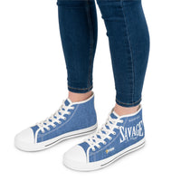 Savage in Prayer Women's High Top Sneakers, Mid Blue Denim-KVOM; KVOM Christian Clothing; Women’s Activewear; Workout Gear; Exercise Gear; Exercise Clothing; Duffle Bags; Christian Gym Bags; Women’s T-Shirts; Men’s T-Shirts Sale; Ladies Sports Tops; Ladies Sportswear; Activewear; Men’s Activewear; Gym Clothes; Glorious; Psalms; Blessings On Blessings; Teens Clothing; Exercise Mugs; Exercise Tumbler; Gym Gear; Christian Gym Clothes; Workout Clothing Sale; Mother’s Day Sale; Gifts For Sister; Christian Gifts;