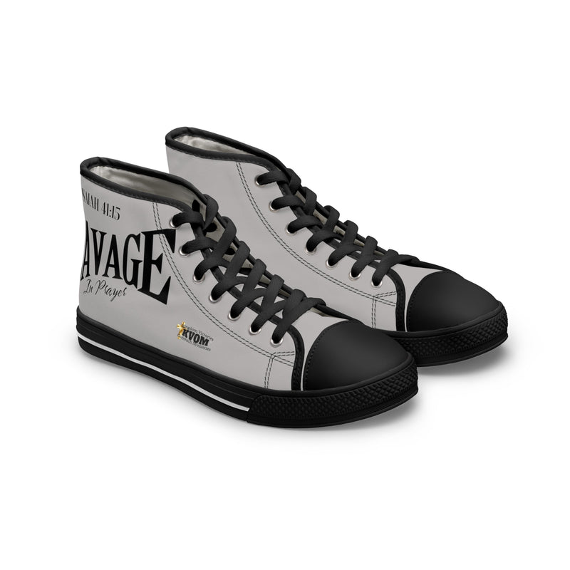 Savage in Prayer Women's High Top Sneakers, Silver-KVOM; KVOM Christian Clothing; Women’s Activewear; Workout Gear; Exercise Gear; Exercise Clothing; Duffle Bags; Christian Gym Bags; Women’s T-Shirts; Men’s T-Shirts Sale; Ladies Sports Tops; Ladies Sportswear; Activewear; Men’s Activewear; Gym Clothes; Glorious; Psalms; Blessings On Blessings; Teens Clothing; Exercise Mugs; Exercise Tumbler; Gym Gear; Christian Gym Clothes; Workout Clothing Sale; Mother’s Day Sale; Gifts For Sister; Christian Gifts; Gifts f