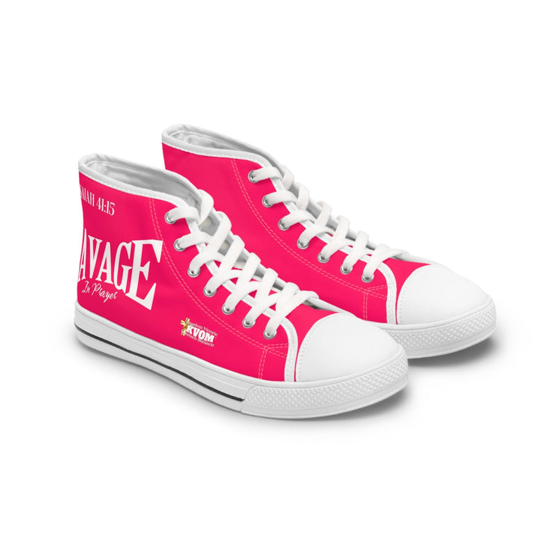 Savage in Prayer Women's High Top Sneakers, Siren Alarm Pink-KVOM; KVOM Christian Clothing; Women’s Activewear; Workout Gear; Exercise Gear; Exercise Clothing; Duffle Bags; Christian Gym Bags; Women’s T-Shirts; Men’s T-Shirts Sale; Ladies Sports Tops; Ladies Sportswear; Activewear; Men’s Activewear; Gym Clothes; Glorious; Psalms; Blessings On Blessings; Teens Clothing; Exercise Mugs; Exercise Tumbler; Gym Gear; Christian Gym Clothes; Workout Clothing Sale; Mother’s Day Sale; Gifts For Sister; Christian Gift