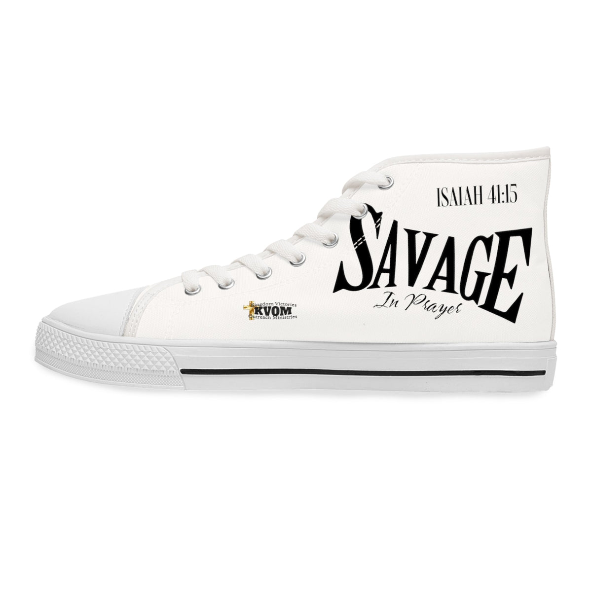 Savage in Prayer Women's High Top Sneakers, White-KVOM; KVOM Christian Clothing; Women’s Activewear; Workout Gear; Exercise Gear; Exercise Clothing; Duffle Bags; Christian Gym Bags; Women’s T-Shirts; Men’s T-Shirts Sale; Ladies Sports Tops; Ladies Sportswear; Activewear; Men’s Activewear; Gym Clothes; Glorious; Psalms; Blessings On Blessings; Teens Clothing; Exercise Mugs; Exercise Tumbler; Gym Gear; Christian Gym Clothes; Workout Clothing Sale; Mother’s Day Sale; Gifts For Sister; Christian Gifts; Gifts fo