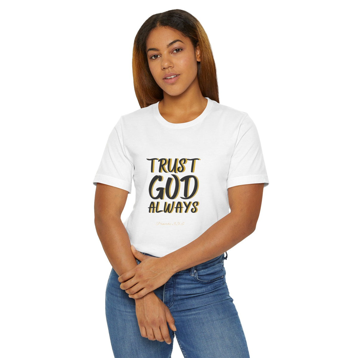 TRUST GOD ALWAYS Black & Gold Edition Women's Jersey T-Shirt-KVOM; KVOM Christian Clothing; #1 Christian Clothing Store in the Nation