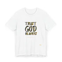 TRUST GOD ALWAYS Black & Gold Edition Women's Jersey T-Shirt-KVOM; KVOM Christian Clothing; #1 Christian Clothing Store in the Nation