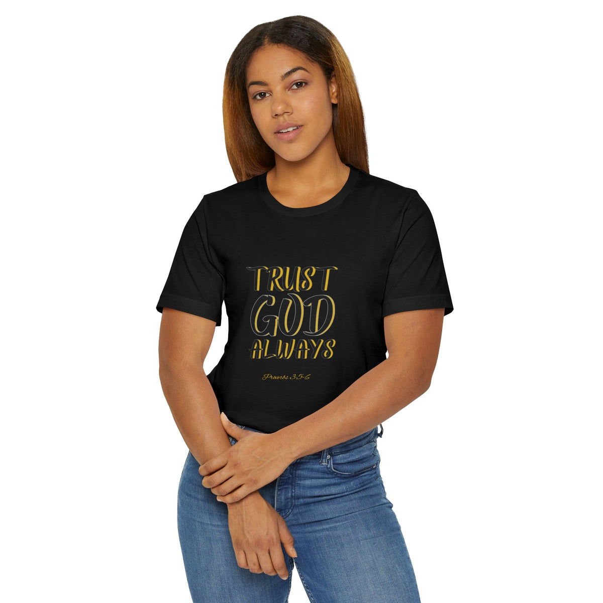 TRUST GOD ALWAYS Black & Gold Edition Women's Jersey T-Shirt-KVOM; KVOM Christian Clothing; #1 Christian Clothing Store in the Nation