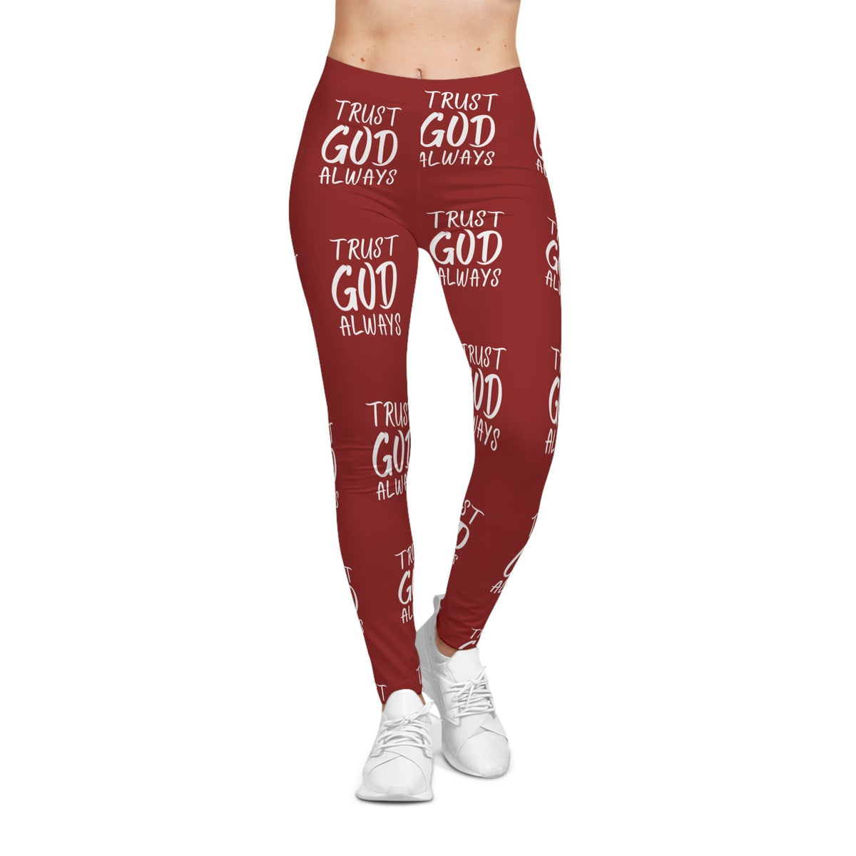 Trust God Always Women's Casual Leggings, Red-KVOM; KVOM Christian Clothing; #1 Christian Clothing Store in the Nation