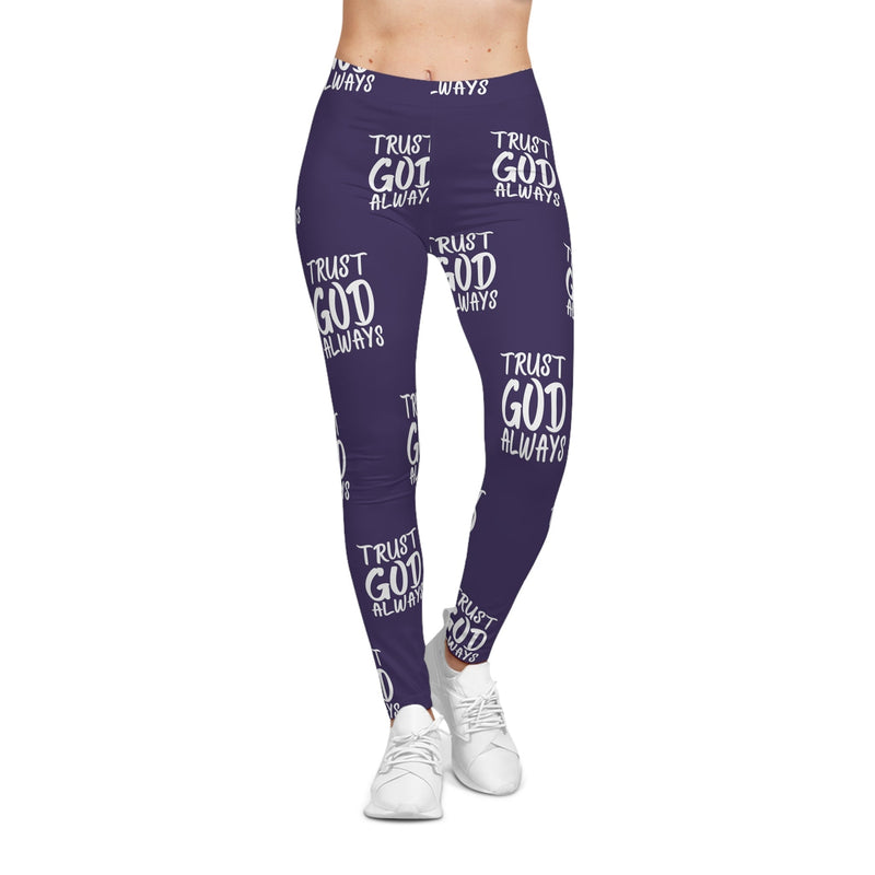 Trust God Always Women's Casual Leggings, Team Purple-KVOM; KVOM Christian Clothing; #1 Christian Clothing Store in the Nation