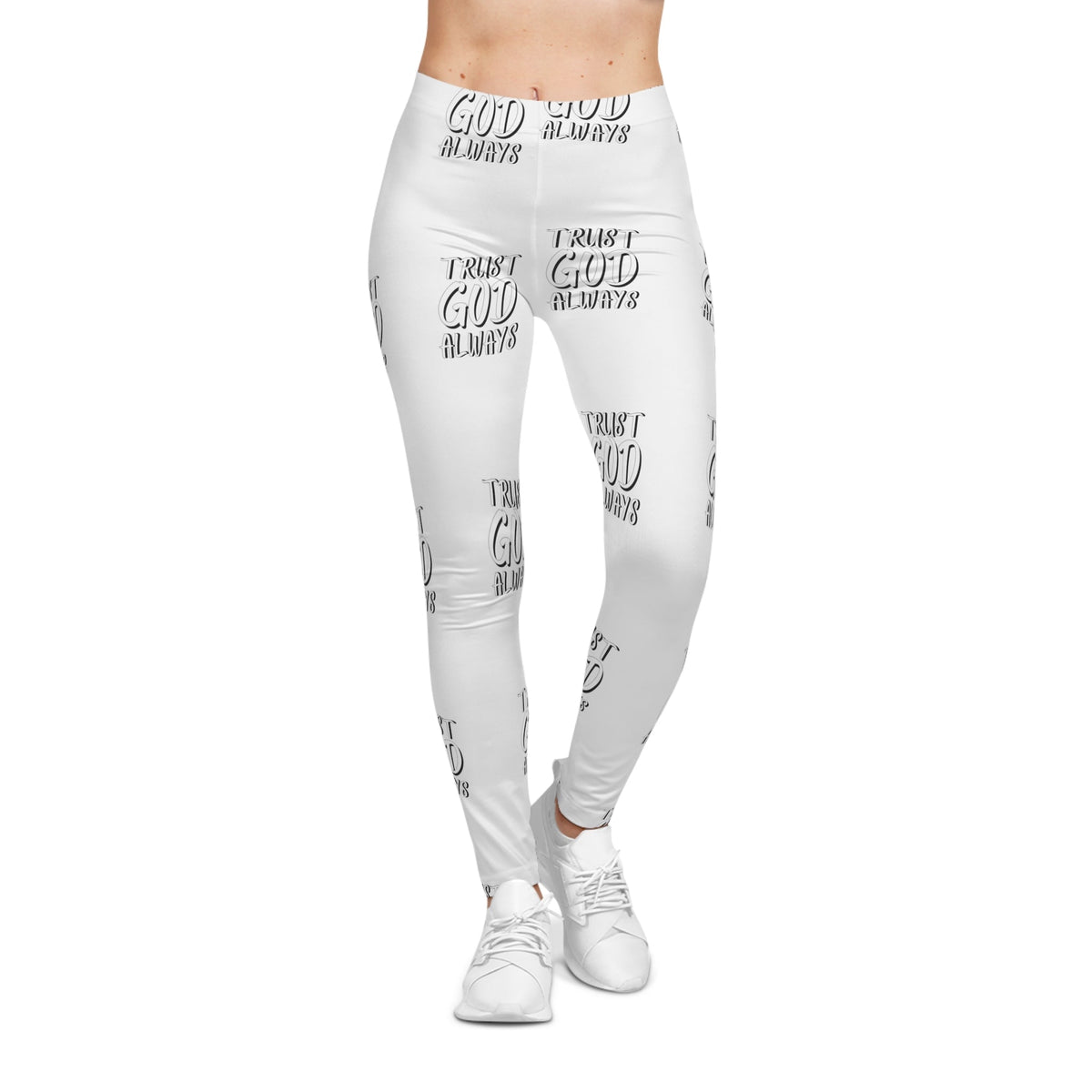 Trust God Always Women's Casual Leggings, White & Black-KVOM; KVOM Christian Clothing; #1 Christian Clothing Store in the Nation