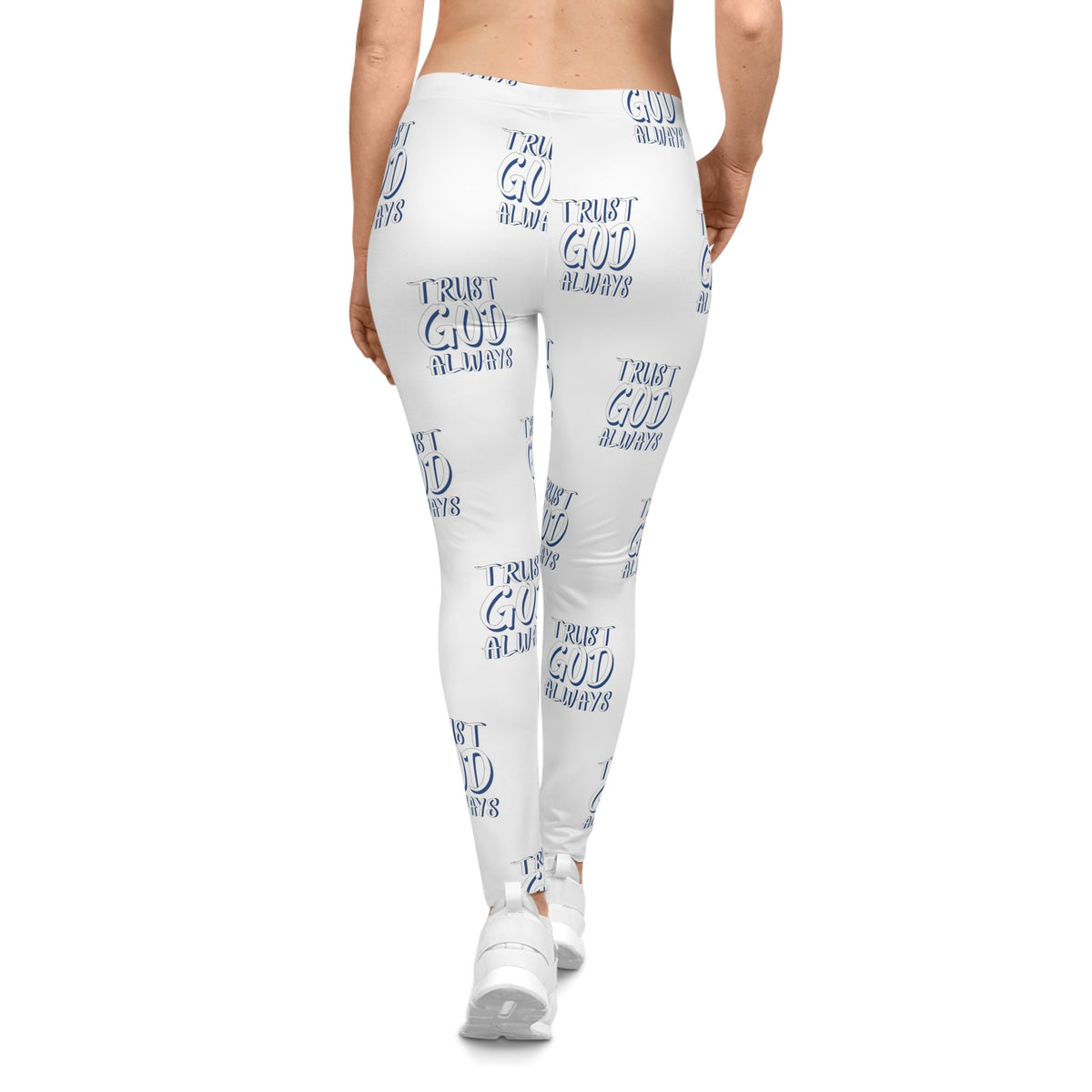 Trust God Always Women's Casual Leggings, White, Blue-KVOM; KVOM Christian Clothing; #1 Christian Clothing Store in the Nation