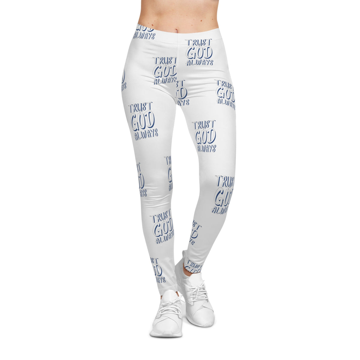 Trust God Always Women's Casual Leggings, White, Blue-KVOM; KVOM Christian Clothing; #1 Christian Clothing Store in the Nation