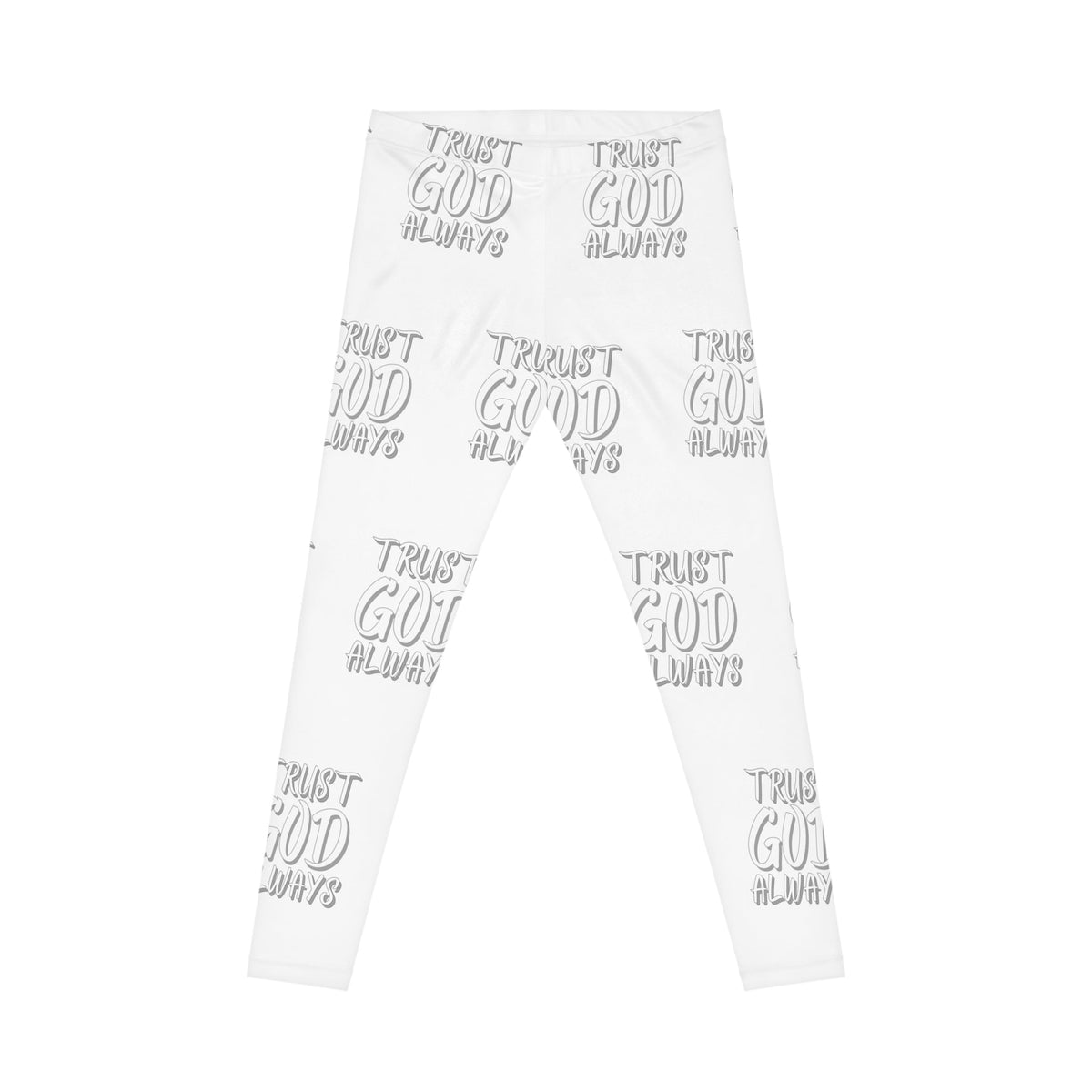 Trust God Always Women's Casual Leggings, White, Grey-KVOM; KVOM Christian Clothing; #1 Christian Clothing Store in the Nation