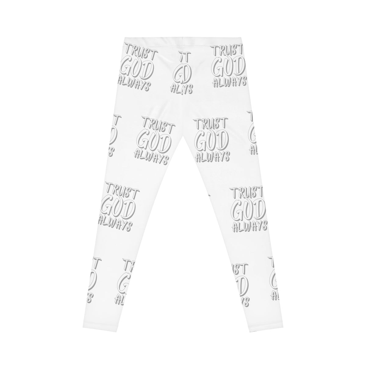 Trust God Always Women's Casual Leggings, White, Grey-KVOM; KVOM Christian Clothing; #1 Christian Clothing Store in the Nation