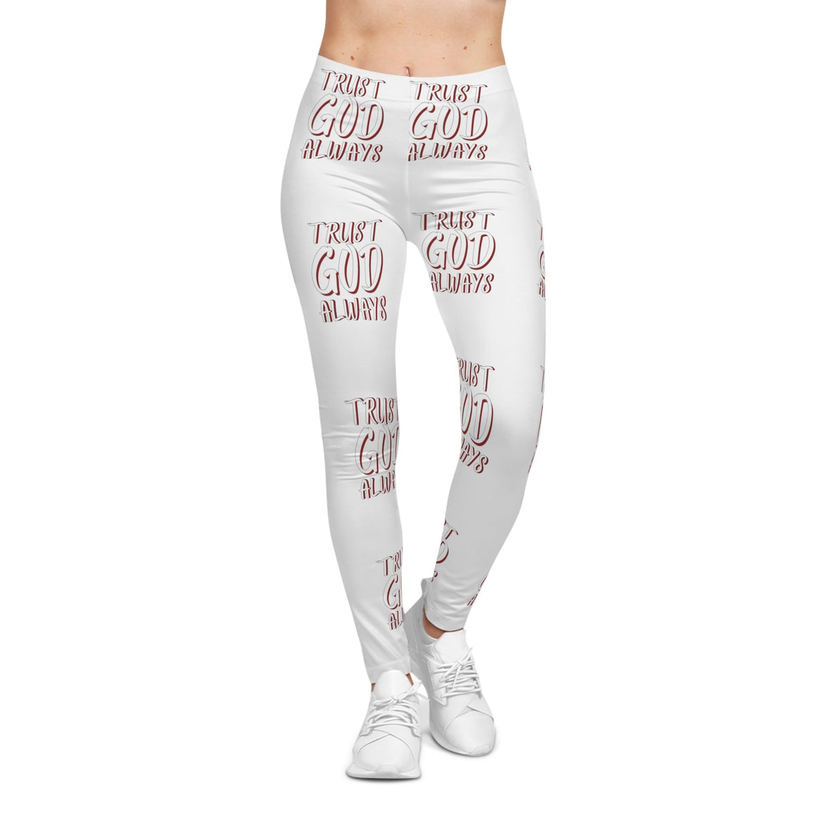 Trust God Always Women's Casual Leggings, White & Red-KVOM; KVOM Christian Clothing; #1 Christian Clothing Store in the Nation