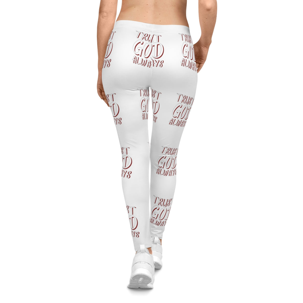 Trust God Always Women's Casual Leggings, White & Red-KVOM; KVOM Christian Clothing; #1 Christian Clothing Store in the Nation