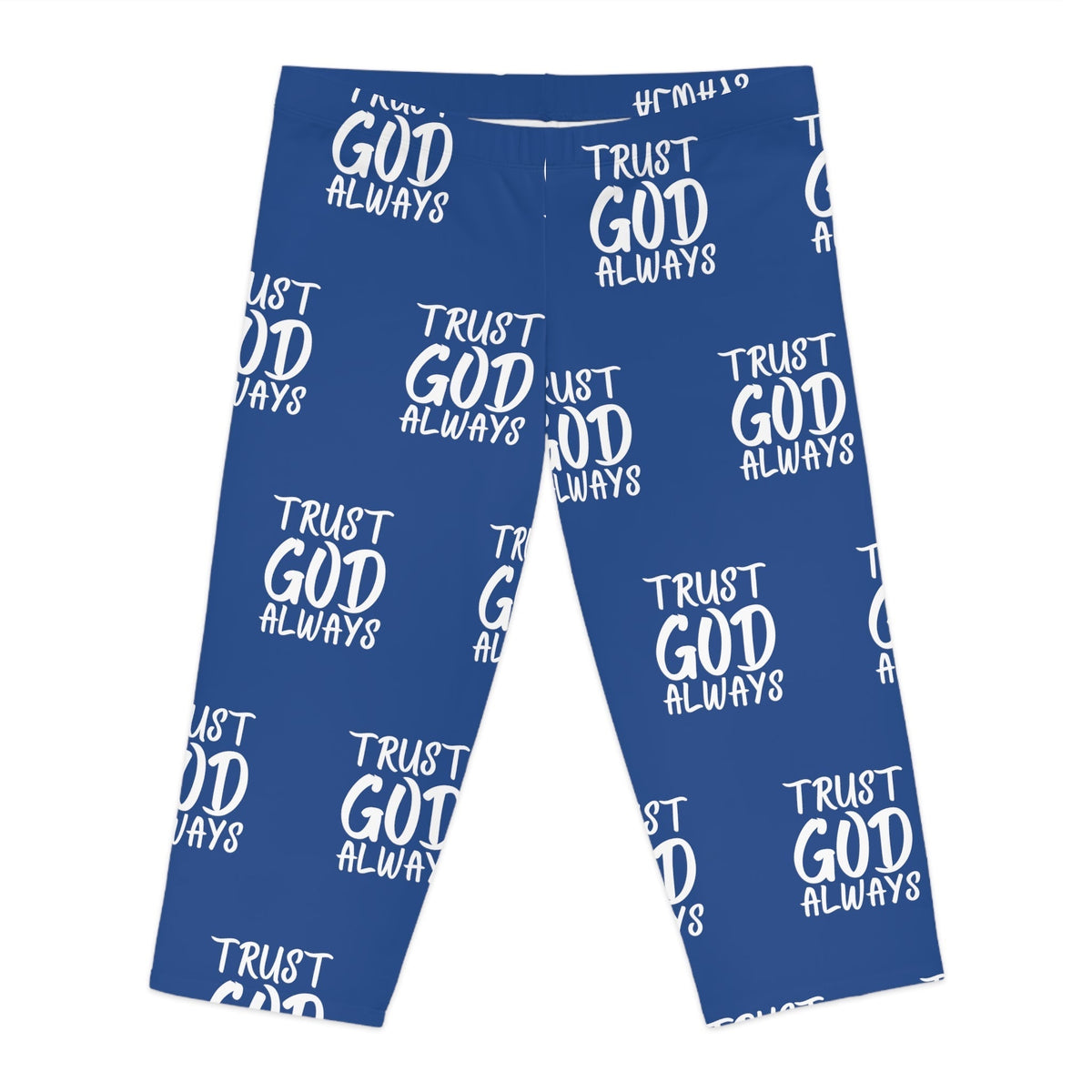 Trust God Always Women's Mid-Length Leggings, Royal Blue-KVOM; KVOM Christian Clothing; #1 Christian Clothing Store in the Nation