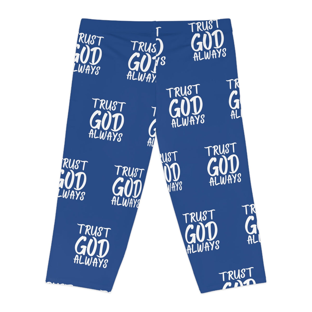 Trust God Always Women's Mid-Length Leggings, Royal Blue-KVOM; KVOM Christian Clothing; #1 Christian Clothing Store in the Nation