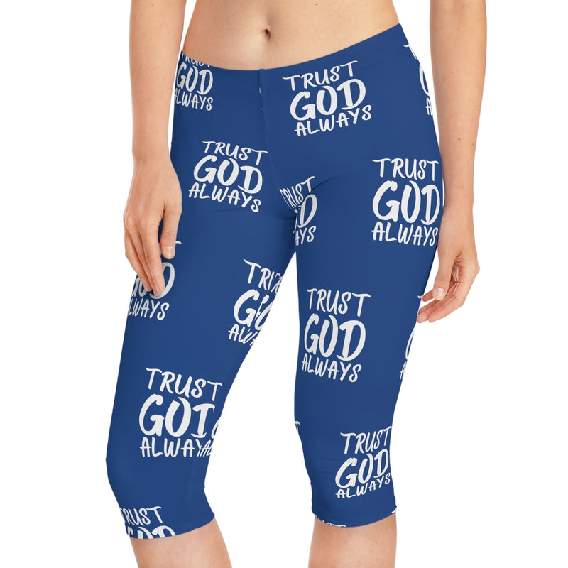 Trust God Always Women's Mid-Length Leggings, Royal Blue-KVOM; KVOM Christian Clothing; #1 Christian Clothing Store in the Nation