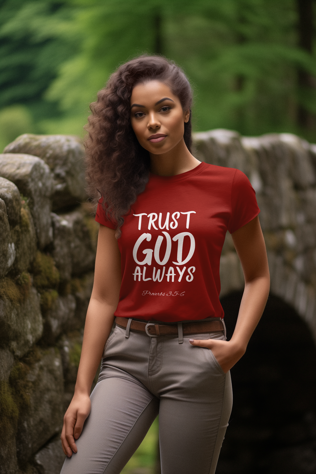 Trust God Always Women's Short Sleeve Shirt, Red-KVOM; KVOM Christian Clothing; #1 Christian Clothing Store in the Nation