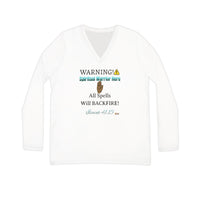 WARNING: Spiritual Warrior Here Women's Long Sleeve V-neck Shirt, White-KVOM